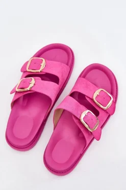 Outlet Boto Klapki Damskie Na Platformie Ze Złotymi Klamrami Fuksja Verena