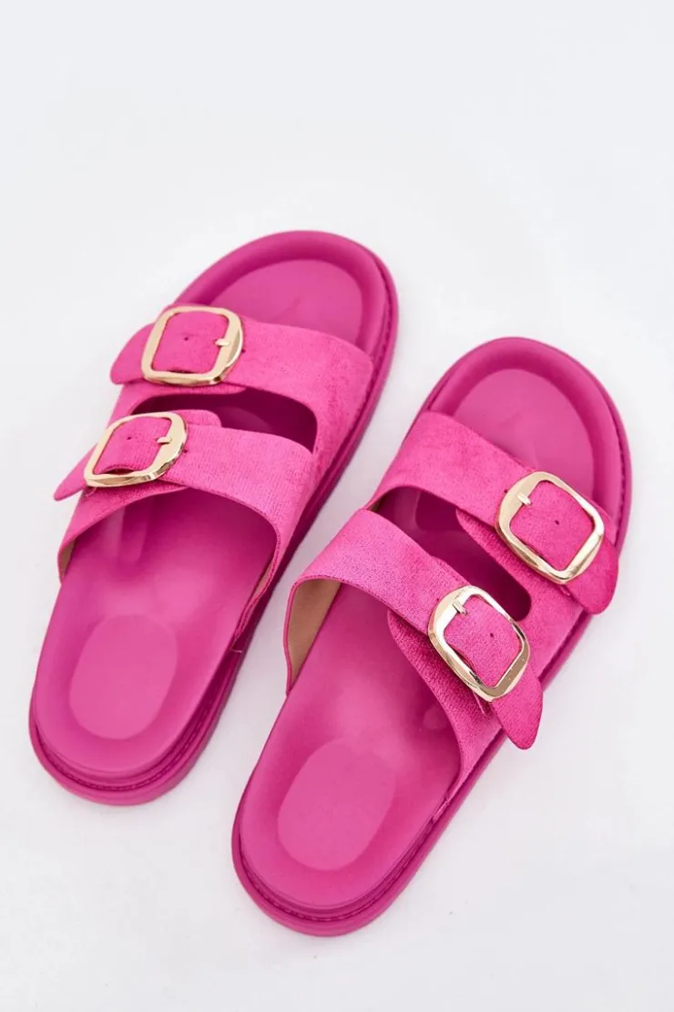 Outlet Boto Klapki Damskie Na Platformie Ze Złotymi Klamrami Fuksja Verena