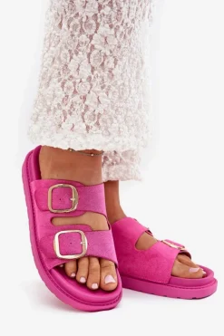 Outlet Boto Klapki Damskie Na Platformie Ze Złotymi Klamrami Fuksja Verena