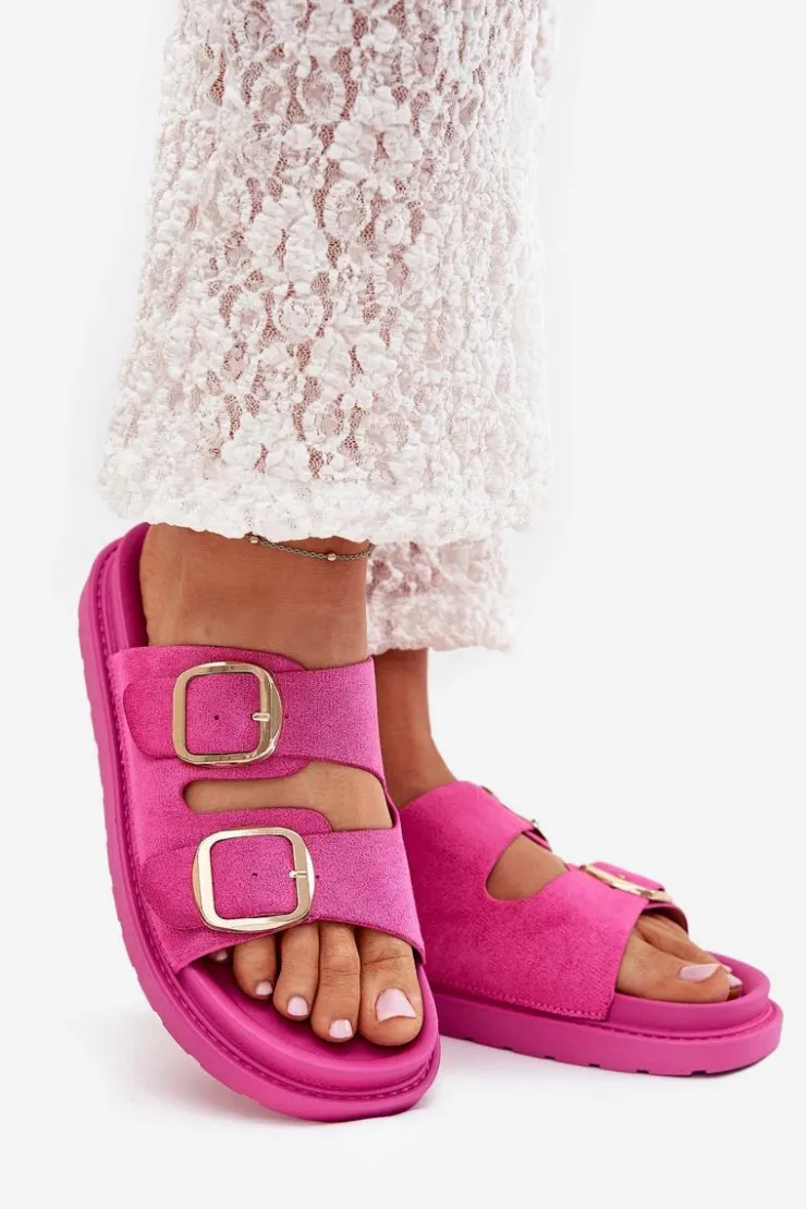 Outlet Boto Klapki Damskie Na Platformie Ze Złotymi Klamrami Fuksja Verena
