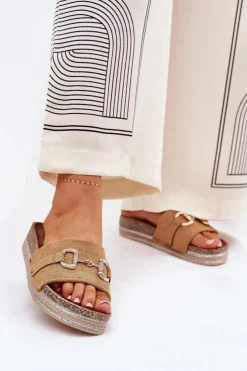 Boto Klapki Korkowe|Klapki Na Platformie*Klapki Damskie Na Platformie Ze Złotą Ozdobą I Brokatem Camel Morisela Brązowy