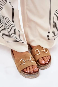 Boto Klapki Korkowe|Klapki Na Platformie*Klapki Damskie Na Platformie Ze Złotą Ozdobą I Brokatem Camel Morisela Brązowy