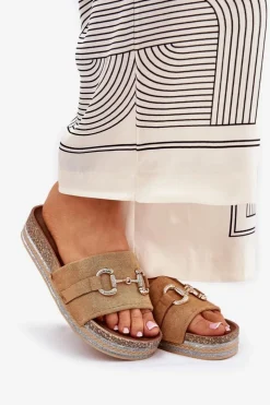 Boto Klapki Korkowe|Klapki Na Platformie*Klapki Damskie Na Platformie Ze Złotą Ozdobą I Brokatem Camel Morisela Brązowy