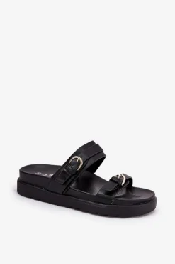 Damskie Boto Klapki Damskie Na Platformie Ze Złotymi Klamrami Czarne Wernone