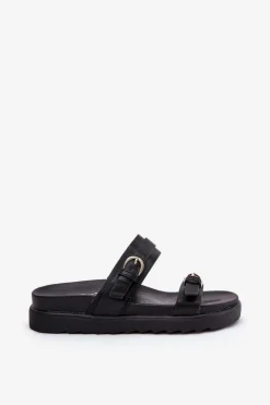 Damskie Boto Klapki Damskie Na Platformie Ze Złotymi Klamrami Czarne Wernone