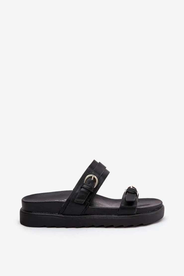 Damskie Boto Klapki Damskie Na Platformie Ze Złotymi Klamrami Czarne Wernone