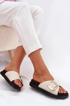 Outlet Boto Klapki Damskie Na Platformie Ze Złotą Klamrą Beżowe Jovira Beżowy