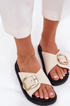 Outlet Boto Klapki Damskie Na Platformie Ze Złotą Klamrą Beżowe Jovira Beżowy