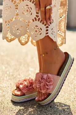 Damskie Boto Klapki Damskie Na Platformie Ozdobione Kwiatkami Różowe Nodina