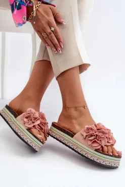 Damskie Boto Klapki Damskie Na Platformie Ozdobione Kwiatkami Różowe Nodina