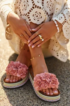 Damskie Boto Klapki Damskie Na Platformie Ozdobione Kwiatkami Różowe Nodina