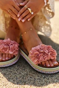 Damskie Boto Klapki Damskie Na Platformie Ozdobione Kwiatkami Różowe Nodina