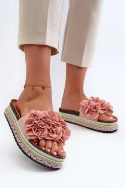 Damskie Boto Klapki Damskie Na Platformie Ozdobione Kwiatkami Różowe Nodina