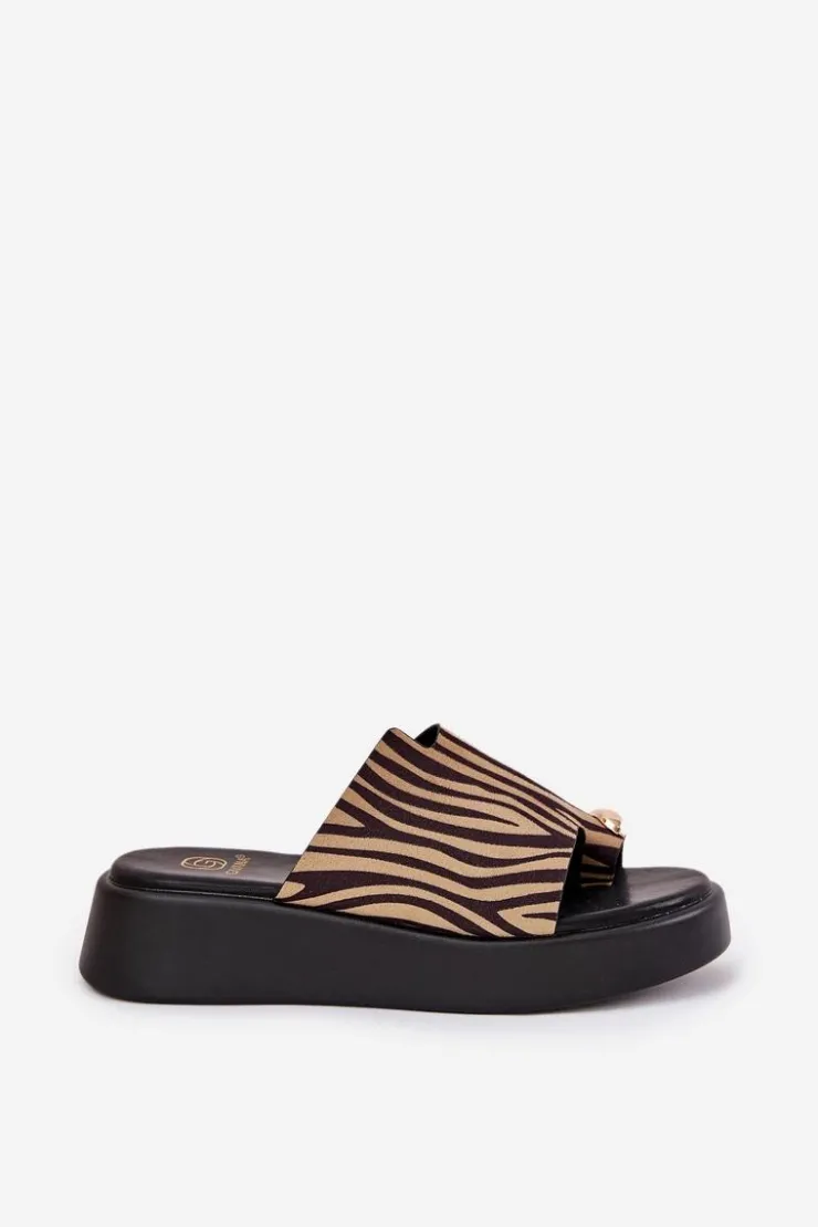 Hot Boto Klapki Damskie Na Platformie I Niskim Koturnie Z Ozdobnym Detalem Zebra Czarno-Beżowe Saqesse