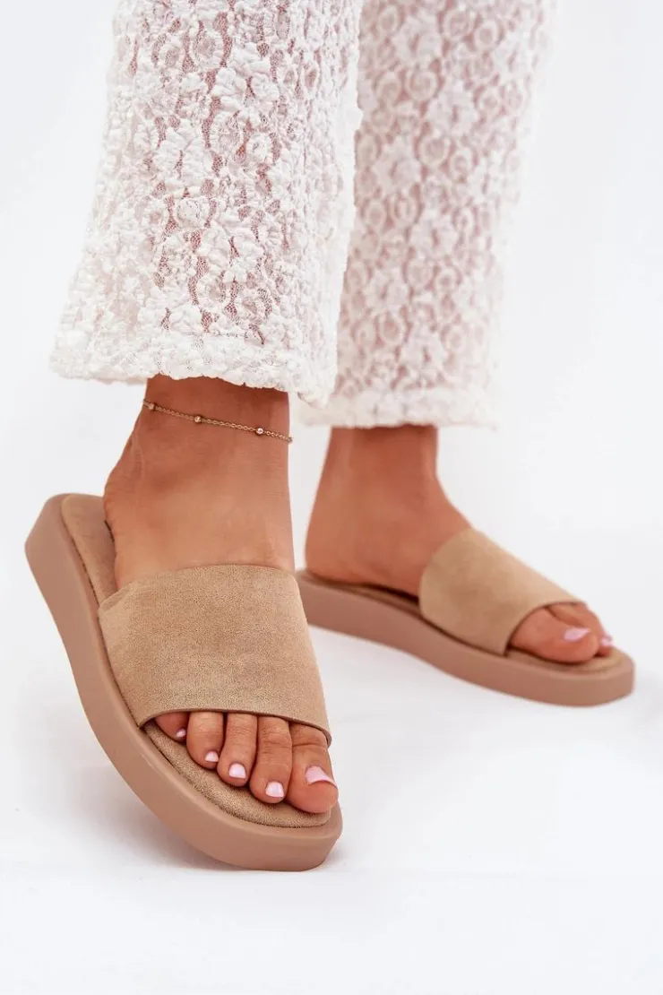 Boto Klapki Na Platformie|Klapki Damskie Klasyczne*Klapki Damskie Na Platformie Z Eko Zamszu Ciemnobeżowe Jorina Beżowy