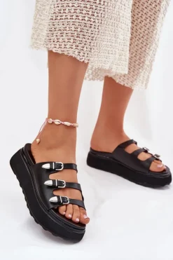 Damskie Boto Klapki Damskie Na Platformie Z Paskami Czarne Nimiotte