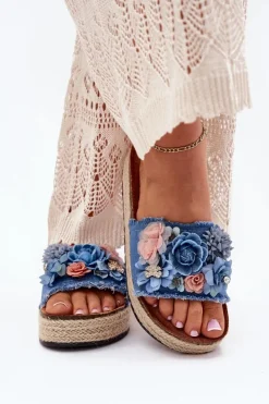 Boto Klapki Na Platformie|Klapki Damskie Klasyczne*Klapki Damskie Na Platformie Z Plecionką I Kwiatkami Niebieskie Chellia