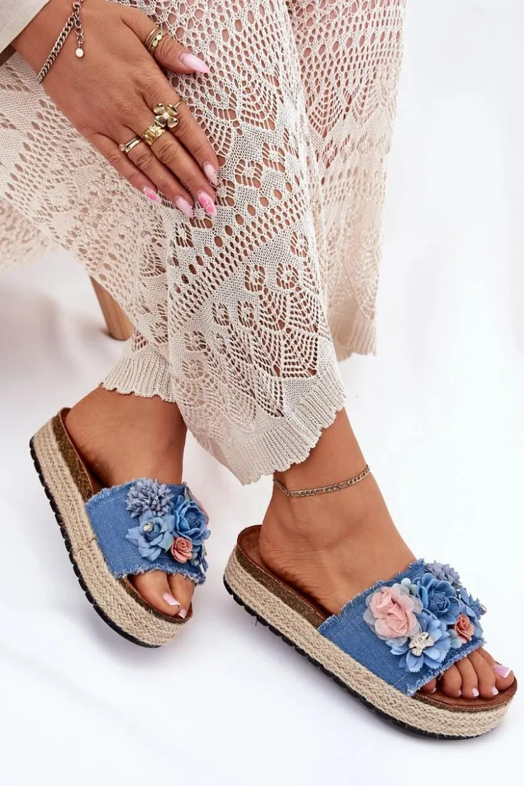 Boto Klapki Na Platformie|Klapki Damskie Klasyczne*Klapki Damskie Na Platformie Z Plecionką I Kwiatkami Niebieskie Chellia