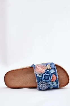 Boto Klapki Na Platformie|Klapki Damskie Klasyczne*Klapki Damskie Na Platformie Z Plecionką I Kwiatkami Niebieskie Chellia