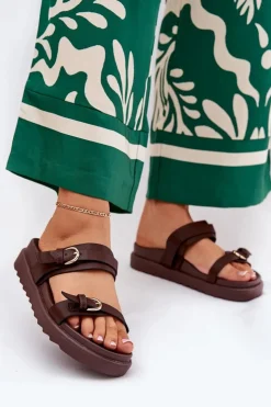 Hot Boto Klapki Damskie Na Platformie Ze Złotymi Klamrami Brązowe Wernone