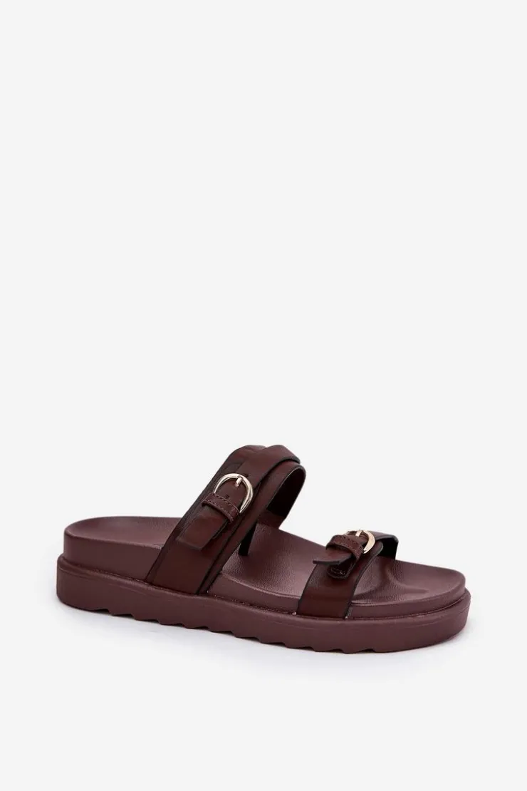 Hot Boto Klapki Damskie Na Platformie Ze Złotymi Klamrami Brązowe Wernone