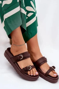 Hot Boto Klapki Damskie Na Platformie Ze Złotymi Klamrami Brązowe Wernone