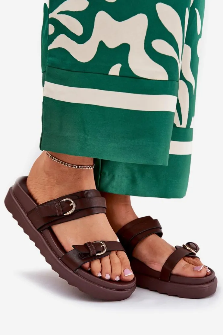 Hot Boto Klapki Damskie Na Platformie Ze Złotymi Klamrami Brązowe Wernone