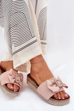 Boto Klapki Korkowe|Klapki Na Platformie*Klapki Damskie Na Platformie Z Kokardką I Ozdobną Broszką Różowe Lenela Różowy