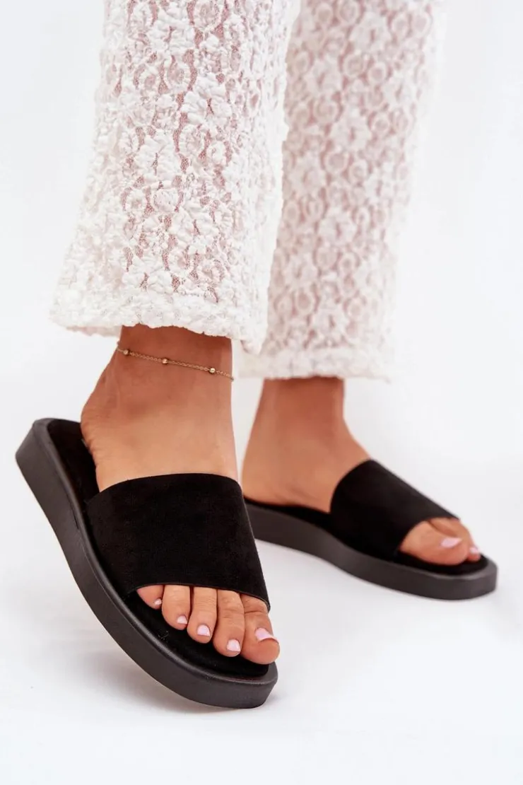 Hot Boto Klapki Damskie Na Platformie Z Eko Zamszu Czarne Jorina Czarny