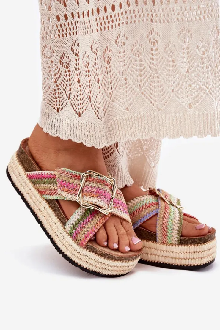 Damskie Boto Klapki Damskie Na Platformie Z Plecionką I Złotą Klamrą Multikolor Filazzia