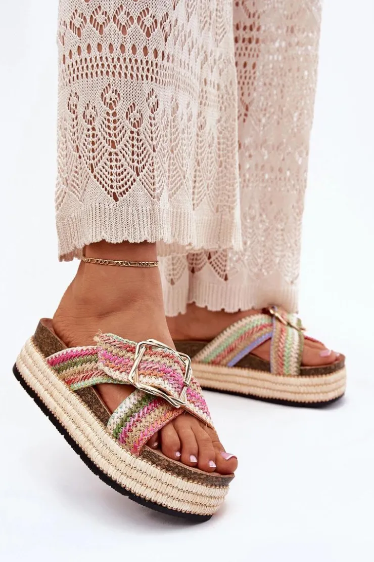 Damskie Boto Klapki Damskie Na Platformie Z Plecionką I Złotą Klamrą Multikolor Filazzia