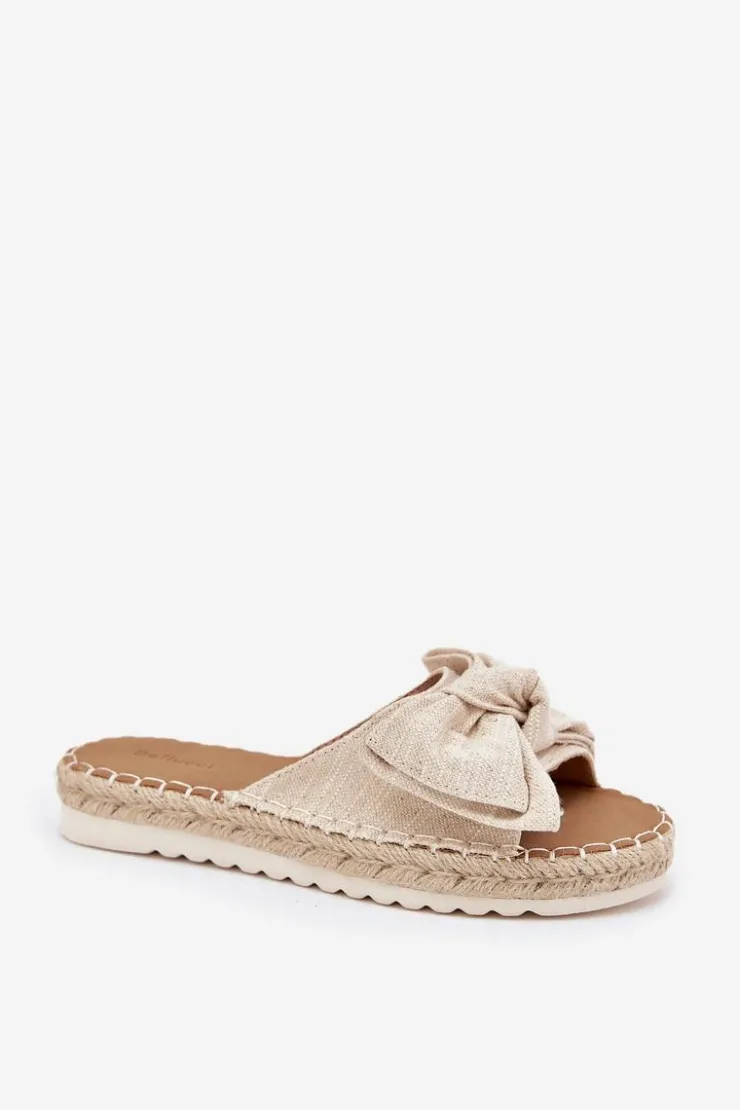 Outlet Boto Klapki Damskie Na Platformie Z Plecionką I Kokardką Beżowe Alpireda Beżowy
