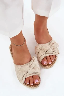 Outlet Boto Klapki Damskie Na Platformie Z Plecionką I Kokardką Beżowe Alpireda Beżowy