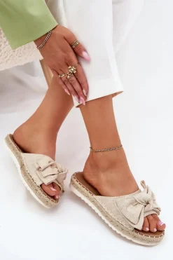 Outlet Boto Klapki Damskie Na Platformie Z Plecionką I Kokardką Beżowe Alpireda Beżowy