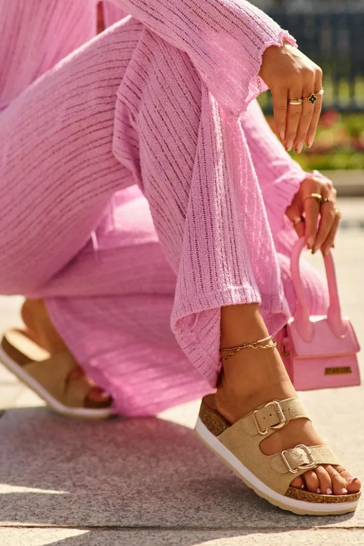 Sale Evento Klapki Damskie Na Platformie Z Klamrami Eko Zamszowe Beżowe Ursila