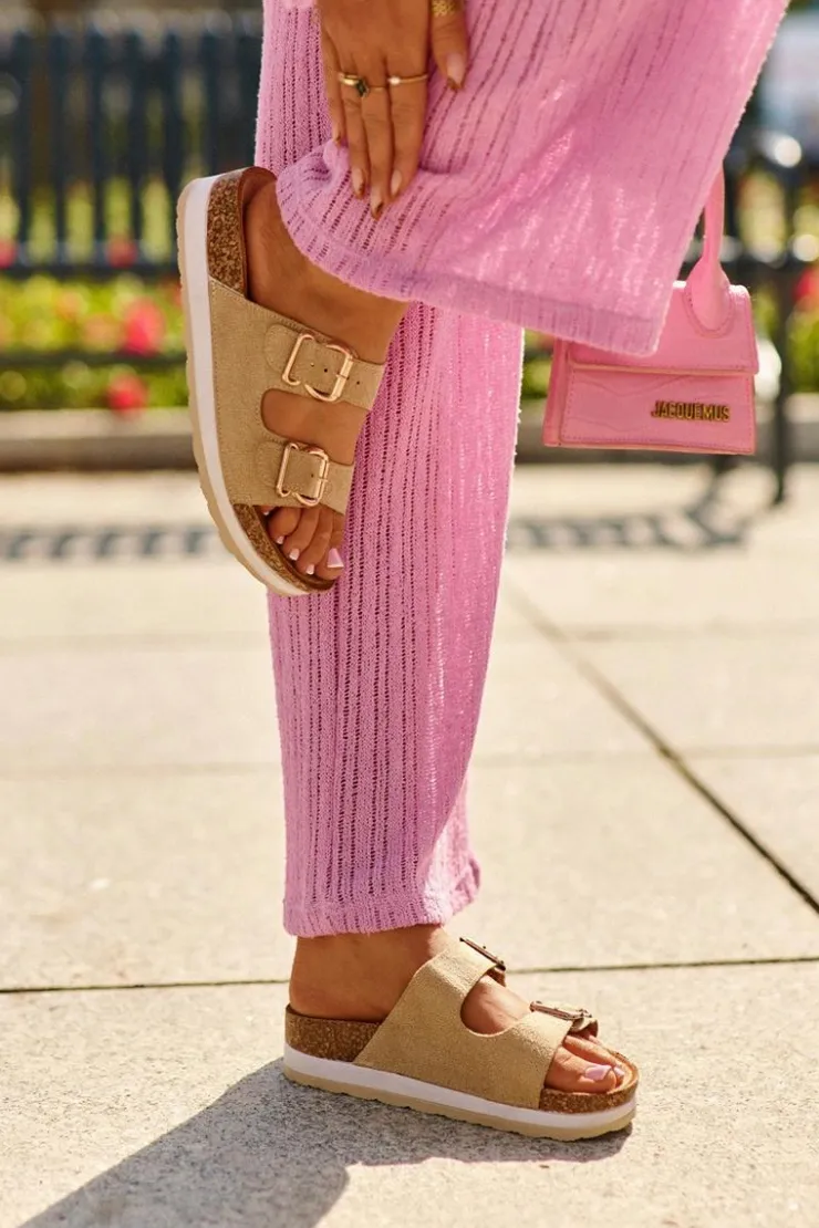 Sale Evento Klapki Damskie Na Platformie Z Klamrami Eko Zamszowe Beżowe Ursila