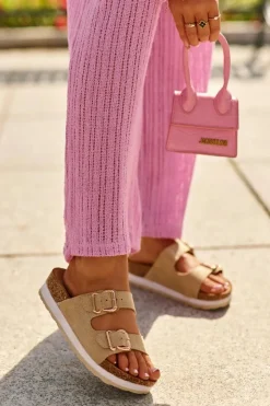 Sale Evento Klapki Damskie Na Platformie Z Klamrami Eko Zamszowe Beżowe Ursila