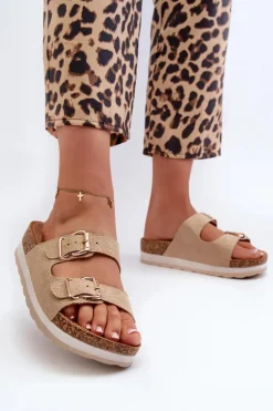 Sale Evento Klapki Damskie Na Platformie Z Klamrami Eko Zamszowe Beżowe Ursila