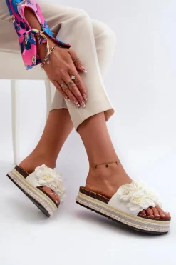 Hot Boto Klapki Damskie Na Platformie Ozdobione Kwiatkami Białe Nodina