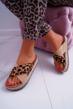 Damskie Boto Klapki Damskie Na Platformie Camel Leopard Greta