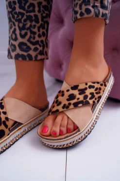 Damskie Boto Klapki Damskie Na Platformie Camel Leopard Greta