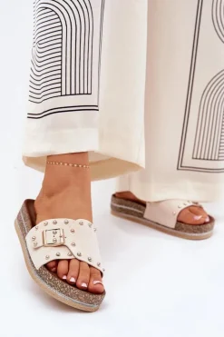 Outlet Boto Klapki Damskie Na Platformie Z Klamrą I Ćwiekami Beżowe Nusithia