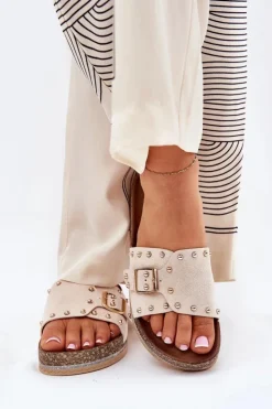 Outlet Boto Klapki Damskie Na Platformie Z Klamrą I Ćwiekami Beżowe Nusithia