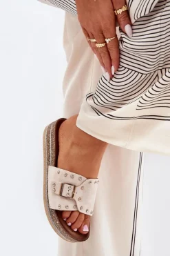 Outlet Boto Klapki Damskie Na Platformie Z Klamrą I Ćwiekami Beżowe Nusithia