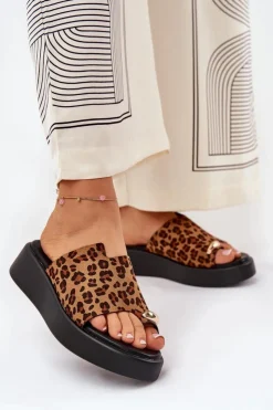 Damskie Boto Klapki Damskie Na Platformie I Niskim Koturnie Z Ozdobnym Detalem Panterka Brązowe Saqesse