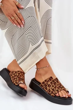 Damskie Boto Klapki Damskie Na Platformie I Niskim Koturnie Z Ozdobnym Detalem Panterka Brązowe Saqesse