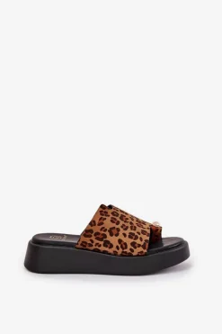 Damskie Boto Klapki Damskie Na Platformie I Niskim Koturnie Z Ozdobnym Detalem Panterka Brązowe Saqesse