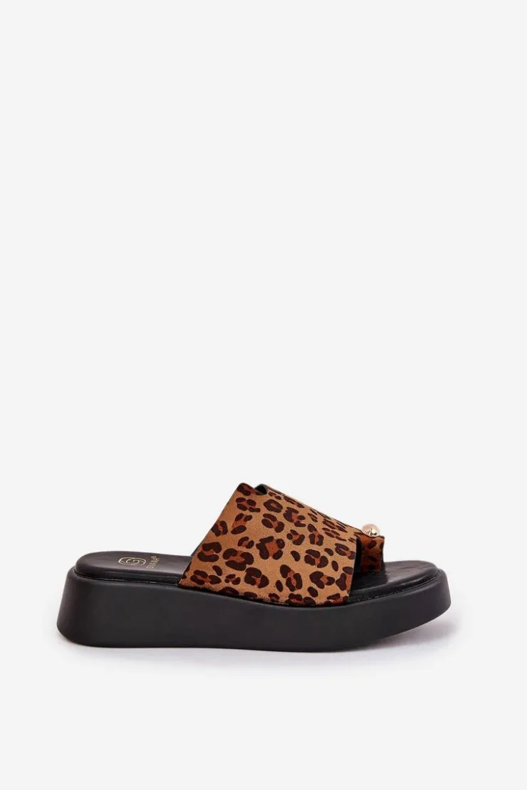 Damskie Boto Klapki Damskie Na Platformie I Niskim Koturnie Z Ozdobnym Detalem Panterka Brązowe Saqesse