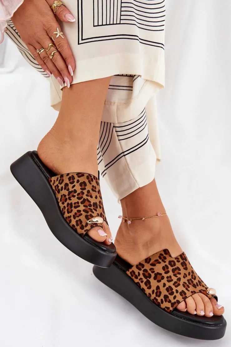 Damskie Boto Klapki Damskie Na Platformie I Niskim Koturnie Z Ozdobnym Detalem Panterka Brązowe Saqesse