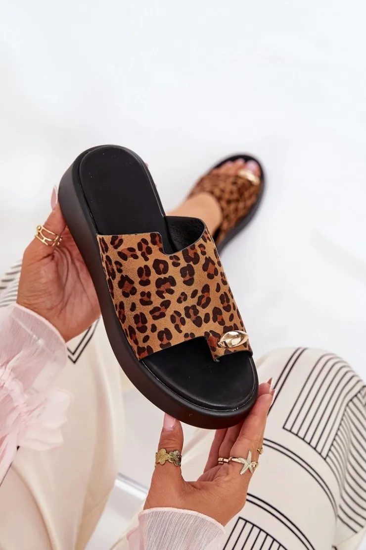 Damskie Boto Klapki Damskie Na Platformie I Niskim Koturnie Z Ozdobnym Detalem Panterka Brązowe Saqesse